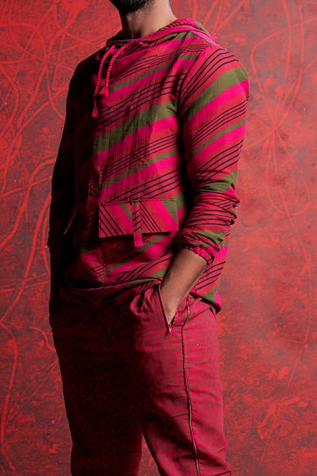 Shop_Punit Balana_Red Linen Striped Hoodie And Jogger Pant Set _Online_at_Aza_Fashions