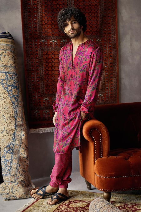 Shop_PUNIT BALANA_Red Satin Silk Printed Kurta And Joggers Set _at_Aza_Fashions