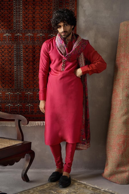 Punit Balana_Red Tussar Silk Straight Kurta Set _Online_at_Aza_Fashions