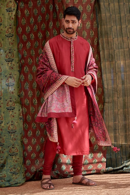 Punit Balana_Red Tussar Silk Leaf Kurta Set _Online_at_Aza_Fashions