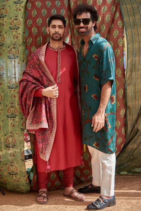 Buy_Punit Balana_Red Tussar Silk Leaf Kurta Set _Online_at_Aza_Fashions