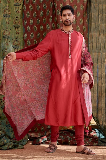 Shop_Punit Balana_Red Tussar Silk Leaf Kurta Set _Online_at_Aza_Fashions