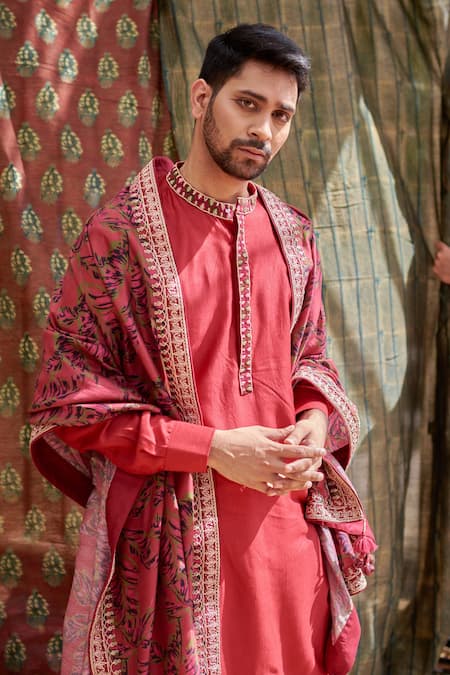 Punit Balana_Red Tussar Silk Leaf Kurta Set _at_Aza_Fashions