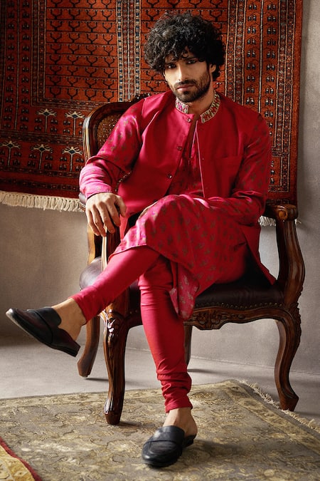 Punit Balana_Red Satin , Tusser Tussar Bundi And Kurta Set _Online_at_Aza_Fashions