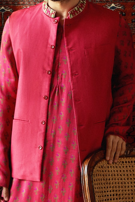 Buy_Punit Balana_Red Satin , Tusser Tussar Bundi And Kurta Set _Online_at_Aza_Fashions