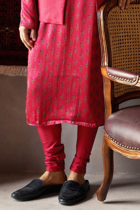 Shop_Punit Balana_Red Satin , Tusser Tussar Bundi And Kurta Set _Online_at_Aza_Fashions