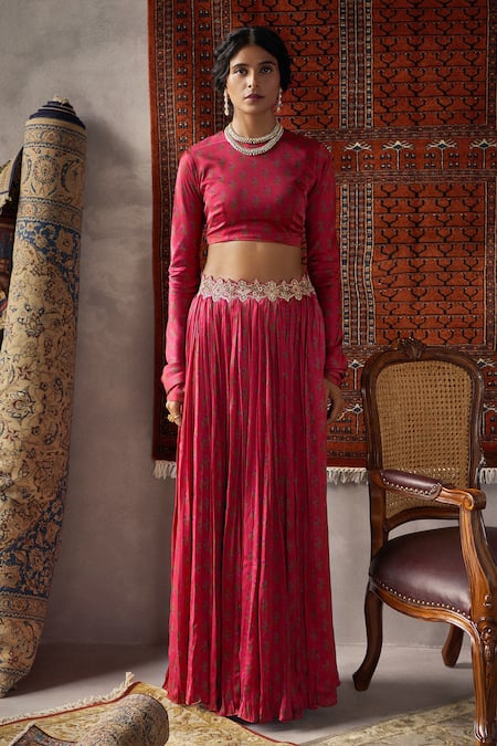 Punit Balana_Red Satin Silk Round Crop Top And Lehenga Set _Online_at_Aza_Fashions