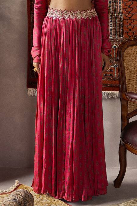 Buy_Punit Balana_Red Satin Silk Round Crop Top And Lehenga Set _Online_at_Aza_Fashions