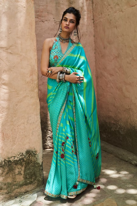 Punit Balana_Blue Satin Silk Halter Leheriya Saree With Blouse _Online_at_Aza_Fashions