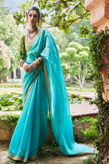 Sky Blue Saree with Contrast Yellow Blouse Soft Brasso Silk