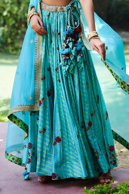Shop_Punit Balana_Blue Organza, Chanderi Silk Scoop Neck Lehenga Set _Online_at_Aza_Fashions