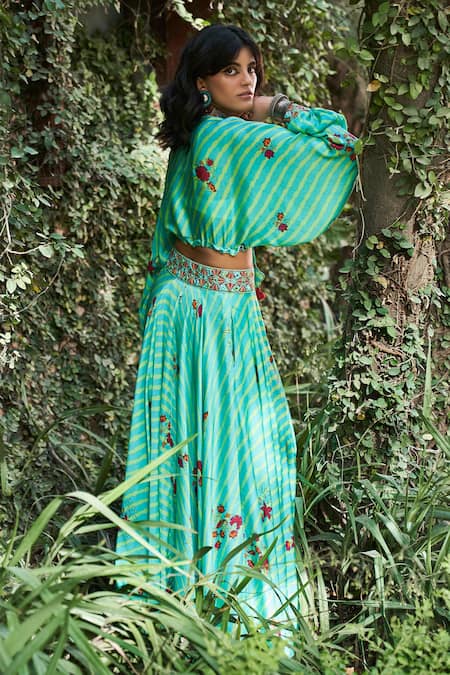 Buy_Punit Balana_Blue Satin Silk V Neck Printed Skirt And Embroidered Top Set _Online_at_Aza_Fashions