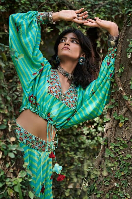 Punit Balana_Blue Satin Silk V Neck Printed Skirt And Embroidered Top Set _at_Aza_Fashions