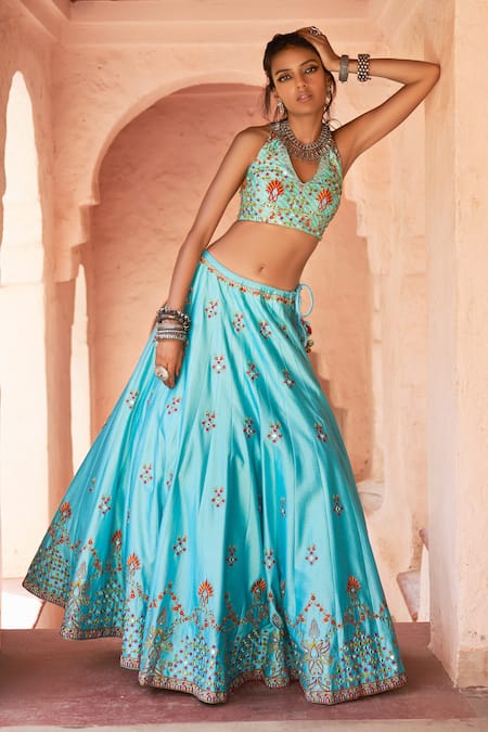 Punit Balana_Blue Organza, Chanderi Silk Halter Lehenga Set _Online_at_Aza_Fashions