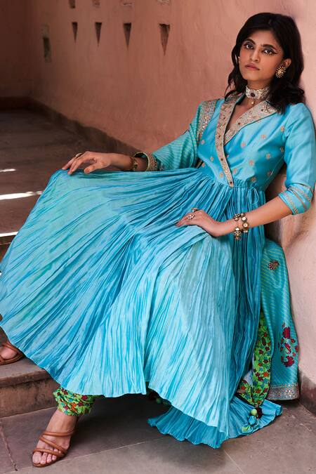 Punit Balana_Blue Chanderi Silk V Neck Angarkha Set _Online_at_Aza_Fashions