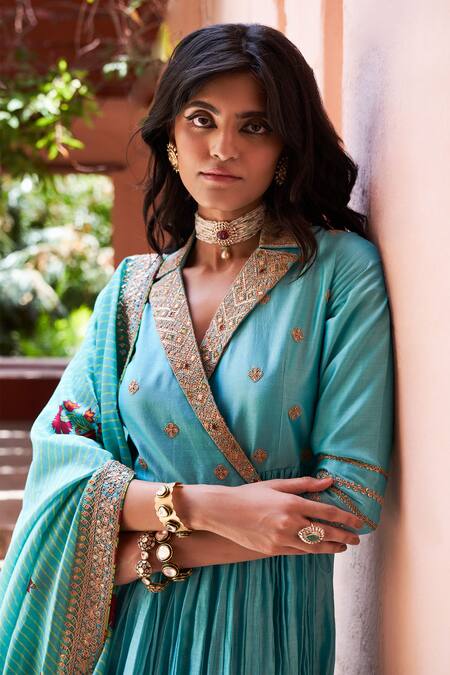 Buy_Punit Balana_Blue Chanderi Silk V Neck Angarkha Set _Online_at_Aza_Fashions