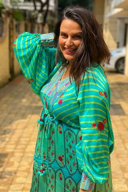 Buy_Punit Balana_Blue Satin Silk V Neck Kaftan Dress _Online_at_Aza_Fashions