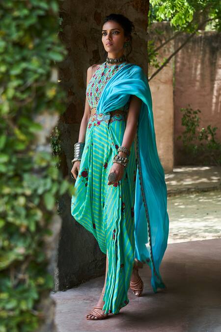 Punit Balana_Blue Organza, Satin Silk Halter Printed Pre-draped Saree Set _Online_at_Aza_Fashions