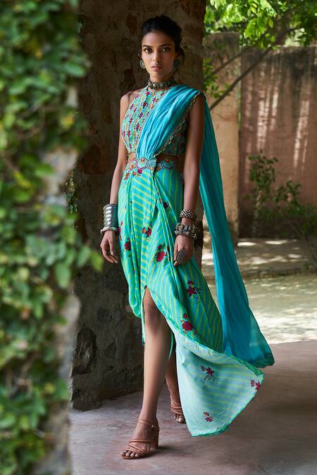 Buy_Punit Balana_Blue Organza, Satin Silk Halter Printed Pre-draped Saree Set _Online_at_Aza_Fashions