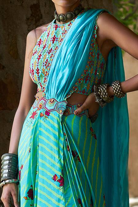 Punit Balana_Blue Organza, Satin Silk Halter Printed Pre-draped Saree Set _at_Aza_Fashions