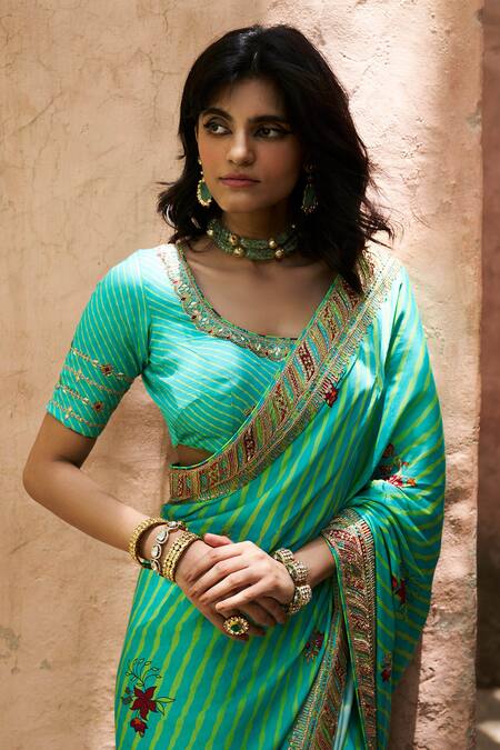 Punit Balana_Blue Satin Silk U Neck Saree Set _Online_at_Aza_Fashions