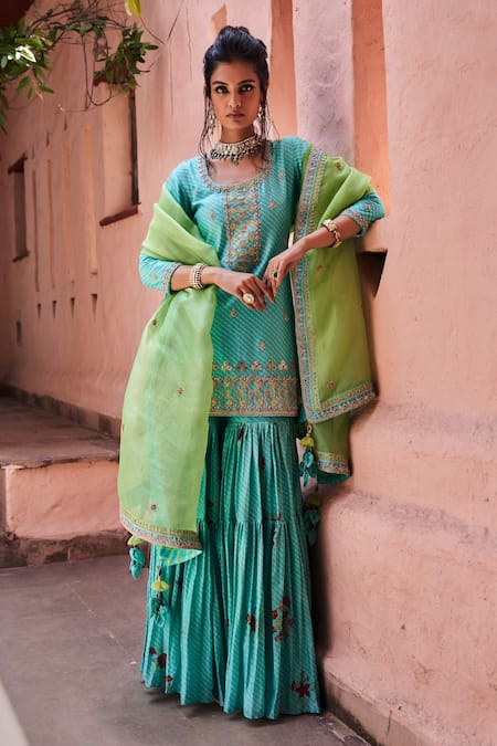 Punit Balana Blue Organza, Chanderi Silk U Neck Kurta And Gharara Set Online at Aza Fashions Punit Balana_Blue Organza, Chanderi Silk U Neck Kurta And Gharara Set _Online_at_Aza_Fashions