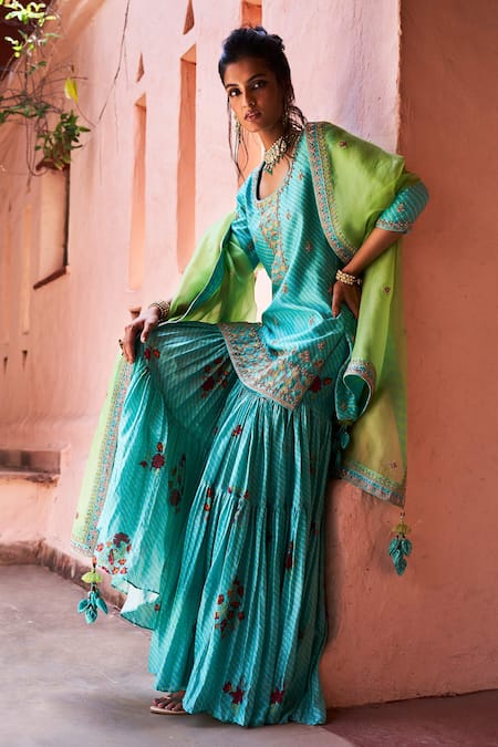 Shop Punit Balana Blue Organza, Chanderi Silk U Neck Kurta And Gharara Set at Aza Fashions Shop_Punit Balana_Blue Organza, Chanderi Silk U Neck Kurta And Gharara Set _at_Aza_Fashions