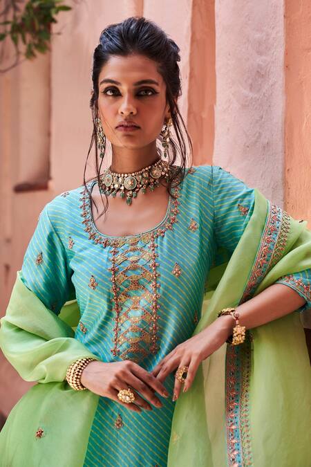Shop Punit Balana Blue Organza, Chanderi Silk U Neck Kurta And Gharara Set Online at Aza Fashions Shop_Punit Balana_Blue Organza, Chanderi Silk U Neck Kurta And Gharara Set _Online_at_Aza_Fashions