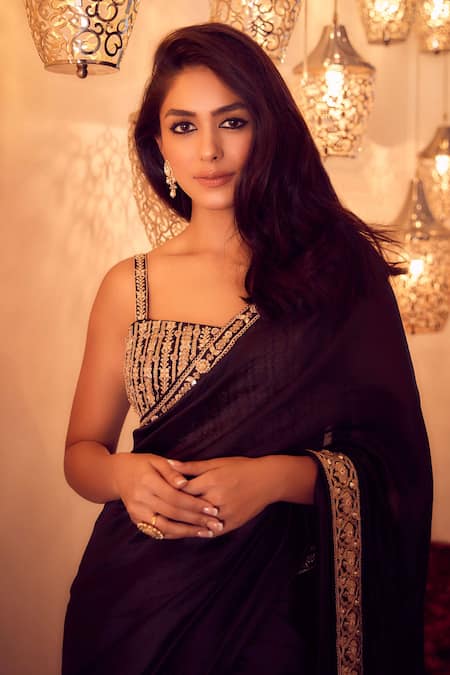Punit Balana_Black Silk Chanderi Embroidery Square Neck Saree With Blouse _Online_at_Aza_Fashions