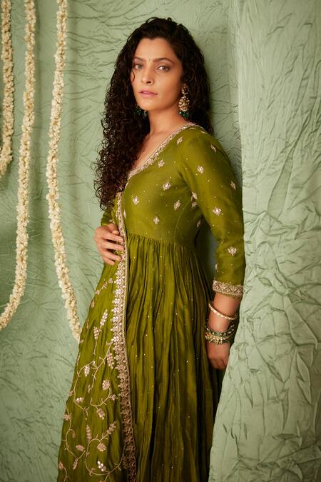 Punit Balana_Green Chanderi , Organza Gota And Marodi Work Embroidered Anarkali Set _Online_at_Aza_Fashions