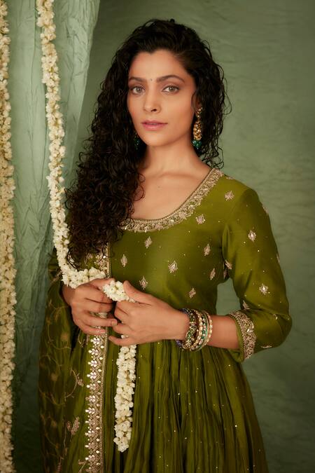 Buy_Punit Balana_Green Chanderi , Organza Gota And Marodi Work Embroidered Anarkali Set _Online_at_Aza_Fashions