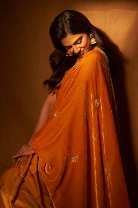 Shop_Punit Balana_Yellow Satin Silk, Velvet Floral, Bandhani Print Saree With Embroidered Blouse _at_Aza_Fashions