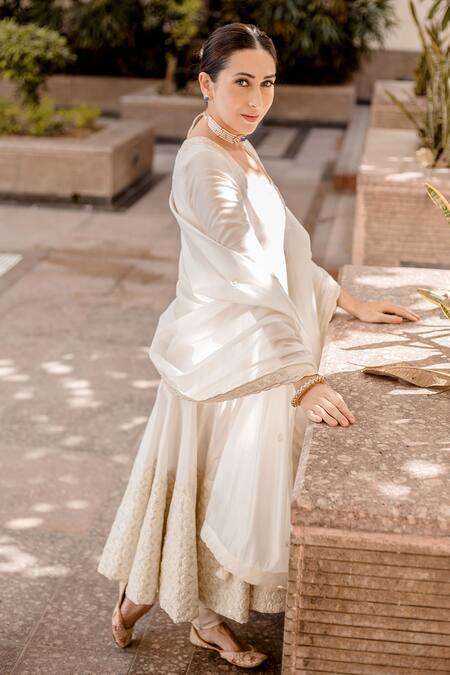 Buy_Punit Balana_White Anarkali Chanderi , Dupatta Organza Floral Embroidered Set _Online_at_Aza_Fashions