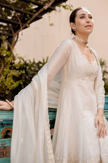 Punit Balana_White Anarkali Chanderi , Dupatta Organza Floral Embroidered Set _at_Aza_Fashions