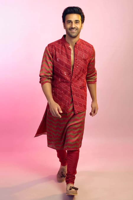 Red Color Art Silk Sangeet Wear Readymade Kurta Pyjama For Men With  Designer Jacket