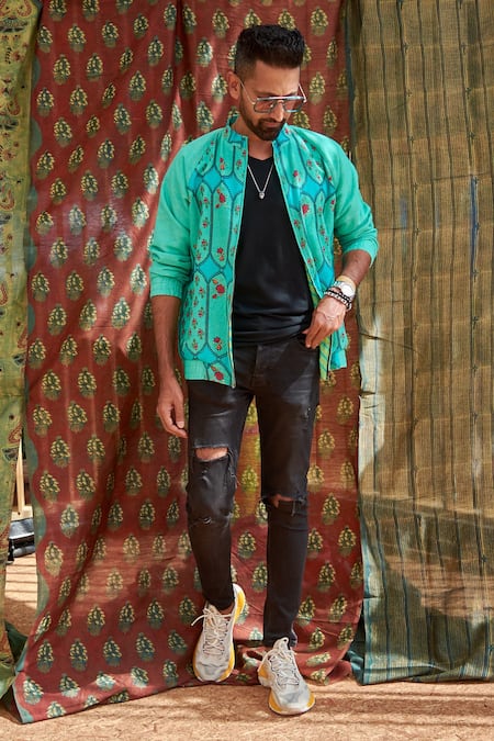 Punit Balana_Blue Cotton Floral Print Jacket _Online_at_Aza_Fashions