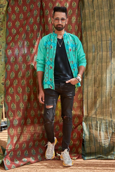 Buy_Punit Balana_Blue Cotton Floral Print Jacket _Online_at_Aza_Fashions