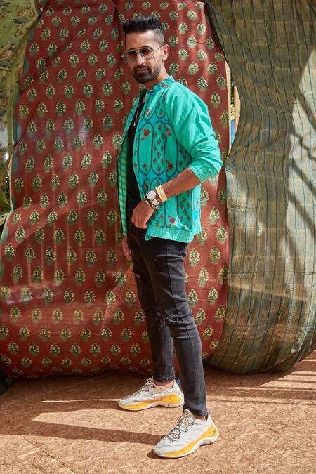 Shop_Punit Balana_Blue Cotton Floral Print Jacket _Online_at_Aza_Fashions