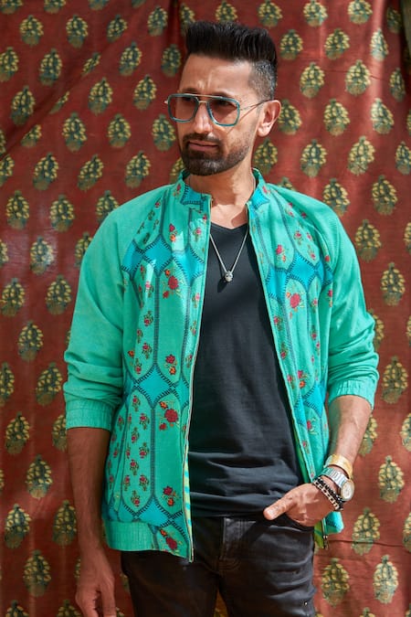 Punit Balana_Blue Cotton Floral Print Jacket _at_Aza_Fashions