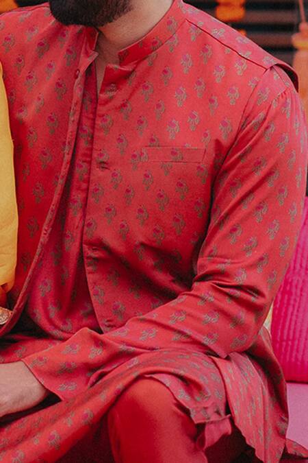 Punit Balana_Red Satin Silk Floral Bundi And Kurta Set _Online_at_Aza_Fashions