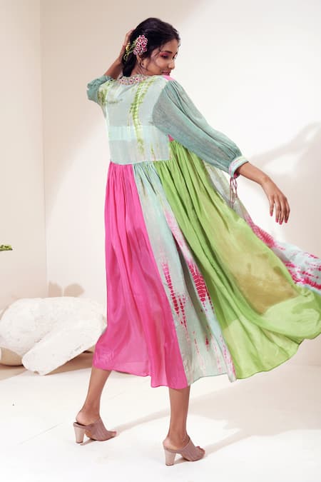 Shop Capisvirleo Green Habutai Silk And Jute Aari Work Band Bellini Midi Dress at Aza Fashions Shop_Capisvirleo_Green Habutai Silk And Jute Aari Work Band Bellini Midi Dress _at_Aza_Fashions