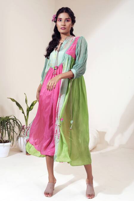 Capisvirleo Green Habutai Silk And Jute Aari Work Band Bellini Midi Dress Online at Aza Fashions Capisvirleo_Green Habutai Silk And Jute Aari Work Band Bellini Midi Dress _Online_at_Aza_Fashions
