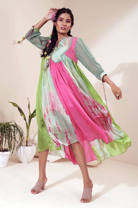 Buy Capisvirleo Green Habutai Silk And Jute Aari Work Band Bellini Midi Dress Online at Aza Fashions Buy_Capisvirleo_Green Habutai Silk And Jute Aari Work Band Bellini Midi Dress _Online_at_Aza_Fashions