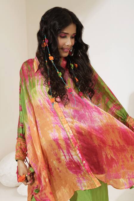 Capisvirleo Orange Habutai Silk Aari Work Spread Collar Fruit Punch Tunic And Pant Set at Aza Fashions Capisvirleo_Orange Habutai Silk Aari Work Spread Collar Fruit Punch Tunic And Pant Set _at_Aza_Fashions