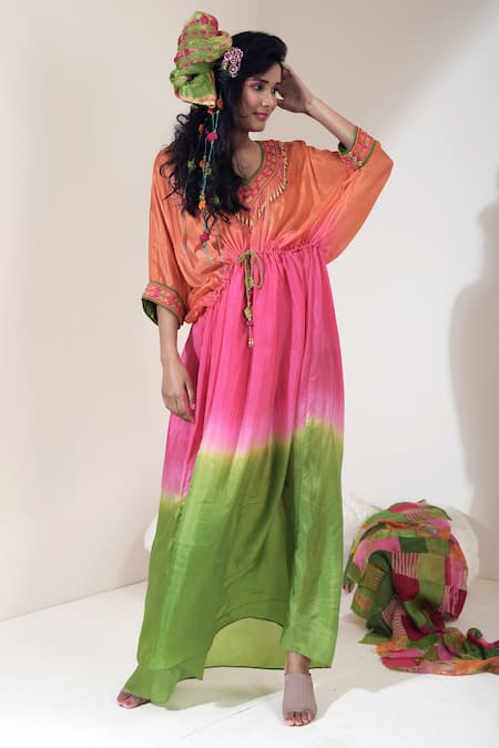 Capisvirleo Green Habutai Silk Aari Work And Beads V Neck Martini Kaftan Online at Aza Fashions Capisvirleo_Green Habutai Silk Aari Work And Beads V Neck Martini Kaftan _Online_at_Aza_Fashions