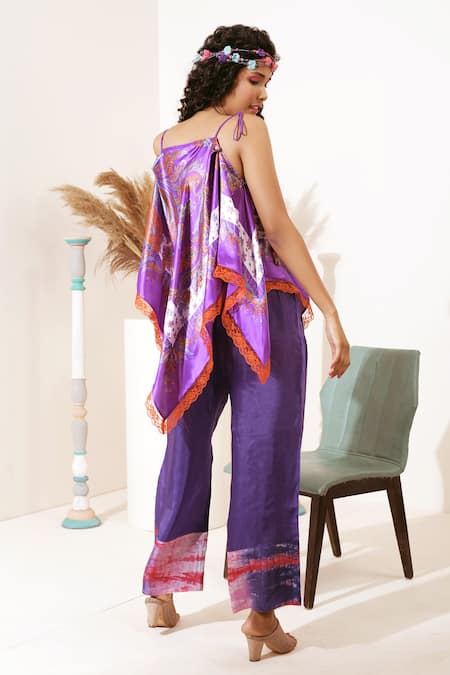 Shop Capisvirleo Purple Satin Silk Paisley Print Cowl Top at Aza Fashions Shop_Capisvirleo_Purple Satin Silk Paisley Print Cowl Top _at_Aza_Fashions
