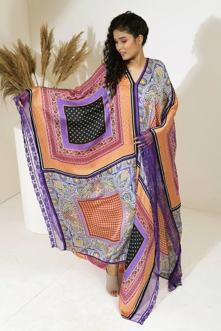 Capisvirleo Purple Satin Silk Paisley Print V Neck Paloma Kaftan 