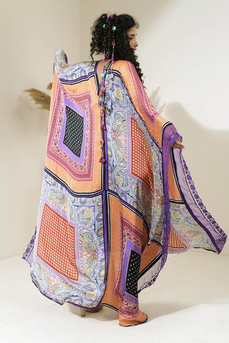Shop Capisvirleo Purple Satin Silk Paisley Print V Neck Paloma Kaftan at Aza Fashions Shop_Capisvirleo_Purple Satin Silk Paisley Print V Neck Paloma Kaftan _at_Aza_Fashions