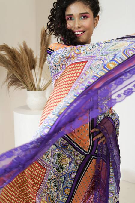 Shop Capisvirleo Purple Satin Silk Paisley Print V Neck Paloma Kaftan Online at Aza Fashions Shop_Capisvirleo_Purple Satin Silk Paisley Print V Neck Paloma Kaftan _Online_at_Aza_Fashions