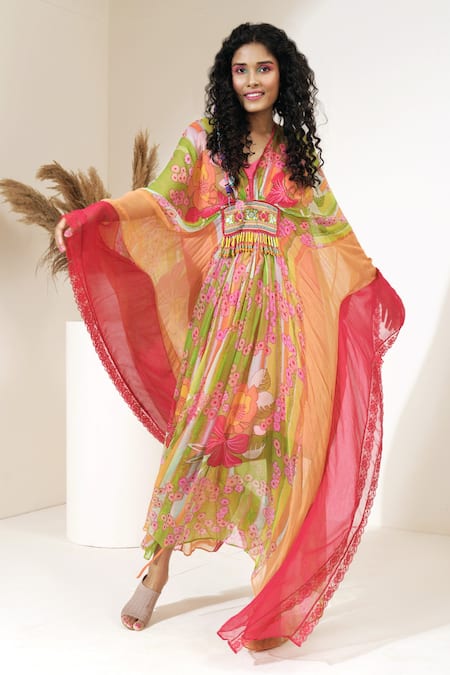 Capisvirleo Orange Georgette Floral Print And Thread V Neck Litchi Sparkler Kaftan 